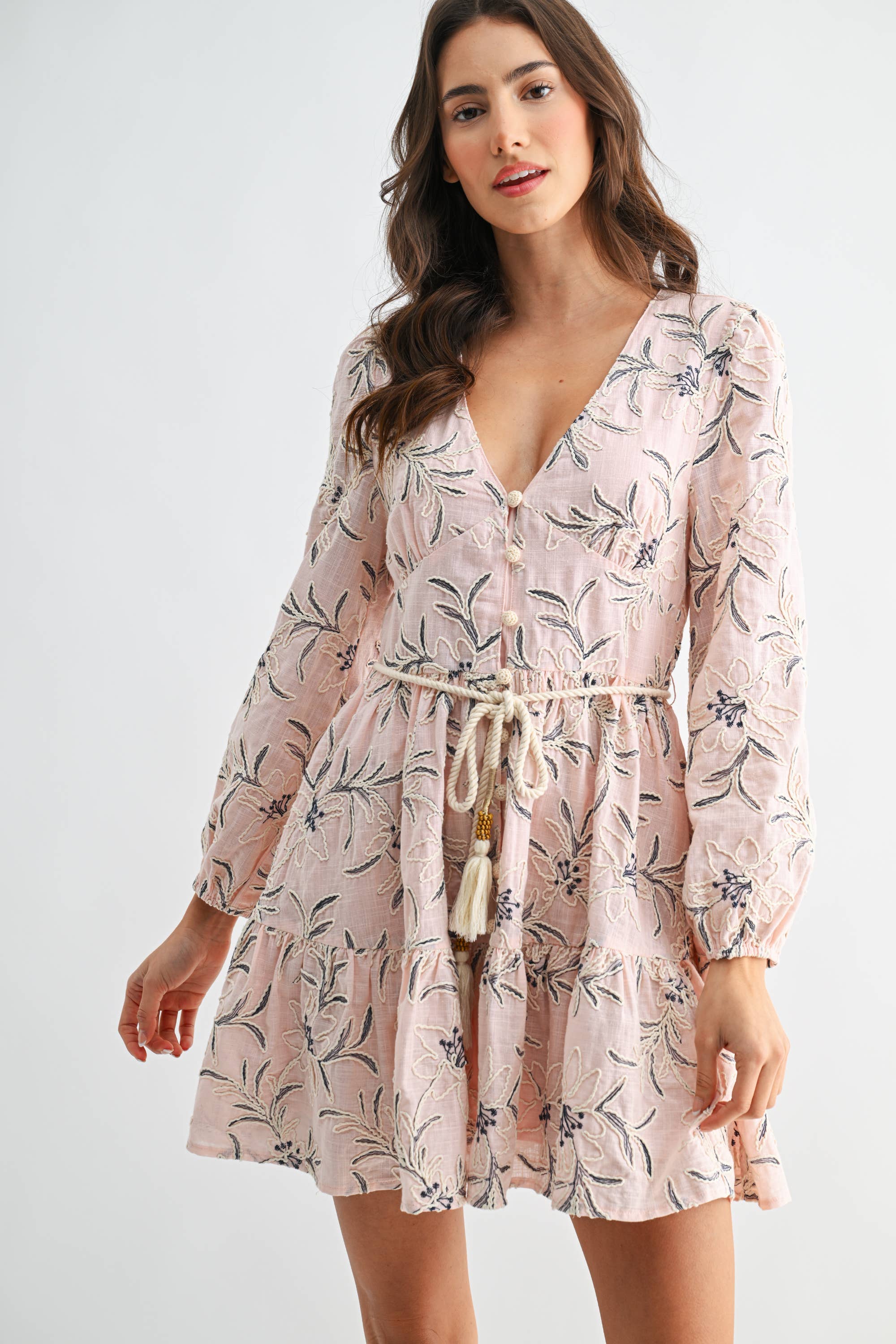 Embroidered Floral Belted Long-Sleeve Mini Dress Small Embroidered Floral Belted Long-Sleeve Mini Dress Small