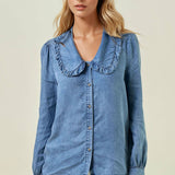 Tencel Denim Long Sleeve Button Down Shirt Blouse