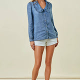 Tencel Denim Long Sleeve Button Down Shirt Blouse