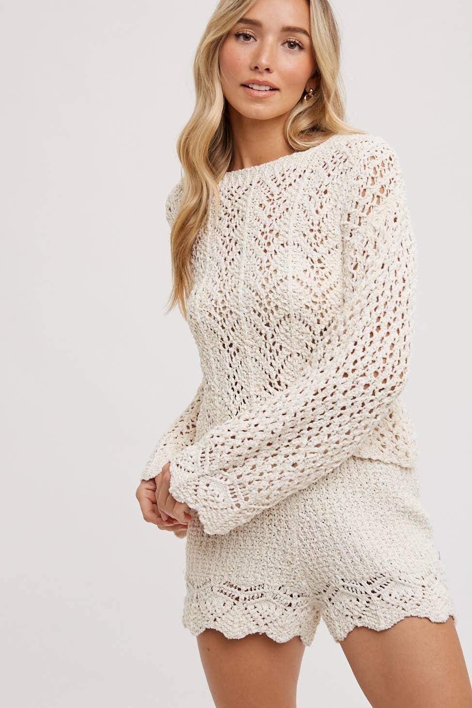 Open Knit Sweater Pullover & Shorts Set || Natural