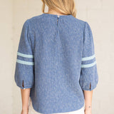 Striped Detail Half Puff Sleeve Ribbed Knit Top