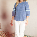 Striped Detail Half Puff Sleeve Ribbed Knit Top