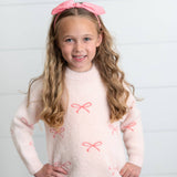 Girls Pink Bow Fuzzy Crew Neck Coquette Fall Winter Sweater