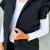 Plain Flutter Sleeves Puff Buttoned Vest Jacket-Black