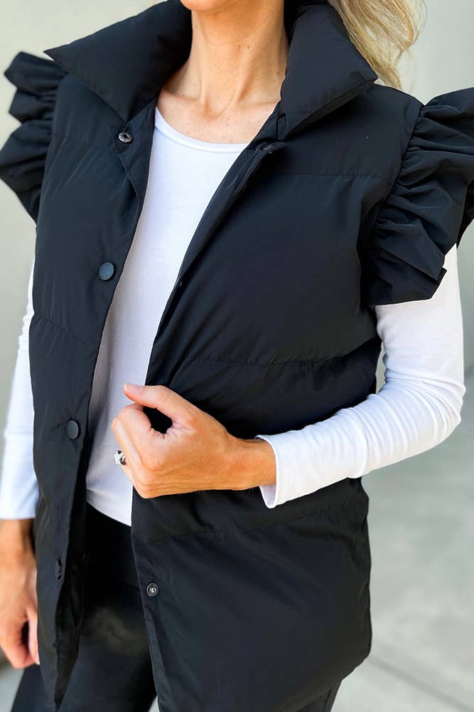 Plain Flutter Sleeves Puff Buttoned Vest Jacket-Black
