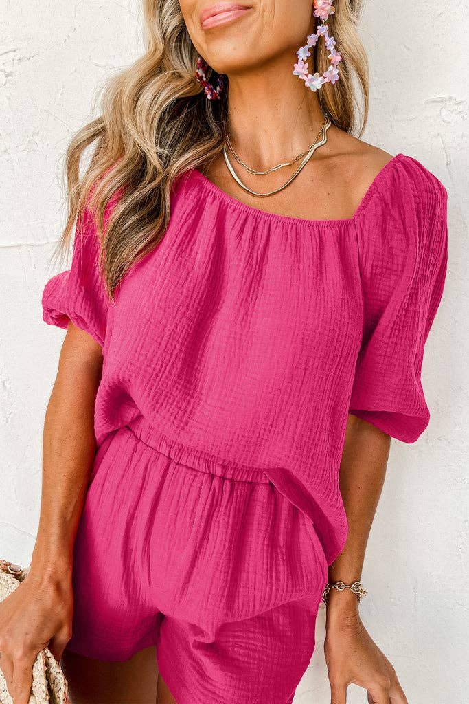 Claire Crinkled Gauze Top and Shorts Set | Bright Pink