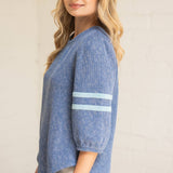 Striped Detail Half Puff Sleeve Ribbed Knit Top