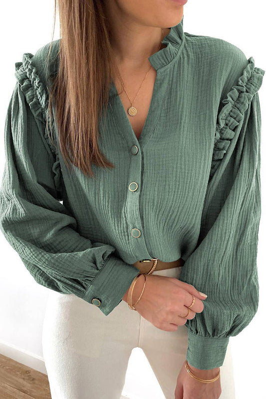 Abigail Gauze Ruffled Long Sleeve Shirt | Green