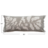 Cotton Lumbar Pillow w/ Botanical Print & Fringe, Sage Color & Natural