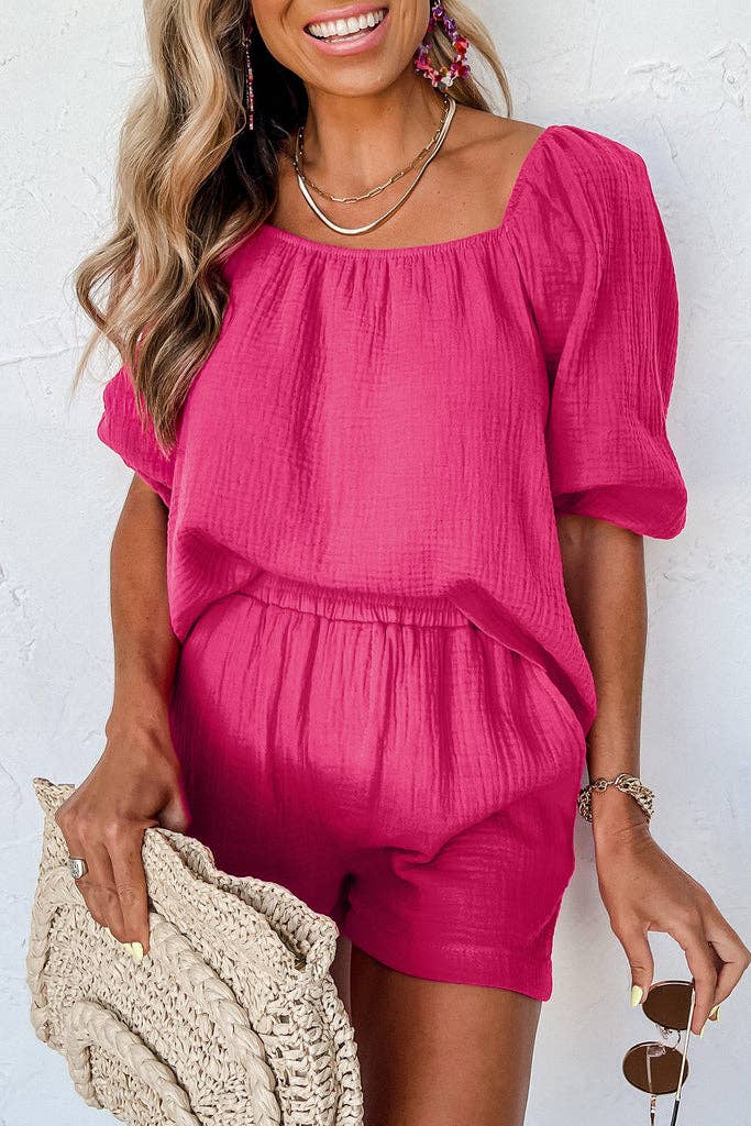 Claire Crinkled Gauze Top and Shorts Set | Bright Pink