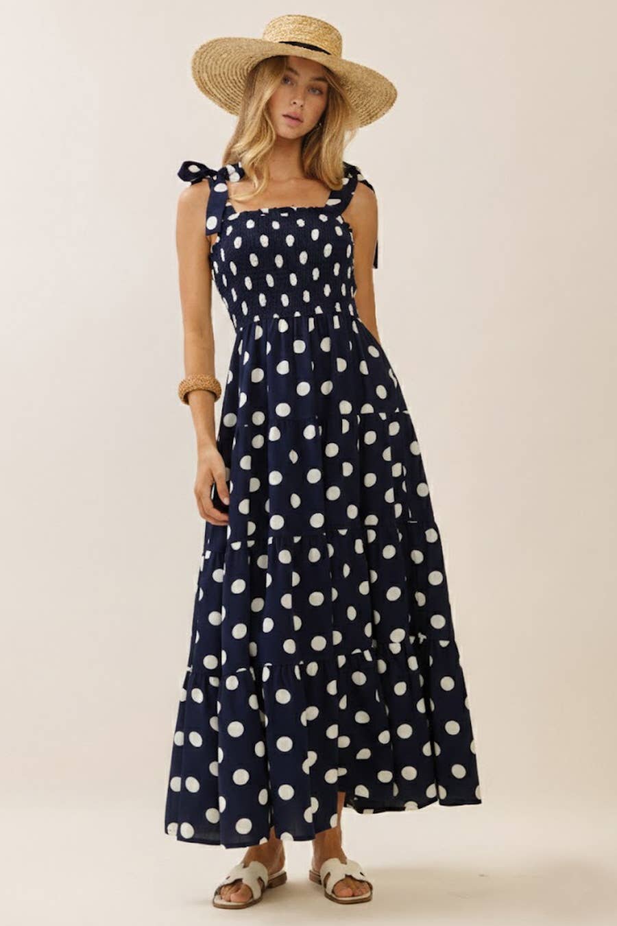 Polka Dot Sleeveless Tired Smocked Midi Dress