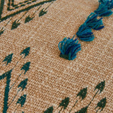 Cotton Slub Lumbar Pillow w/ Embroidered Pattern & Fringe, Natural & Teal