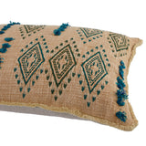 Cotton Slub Lumbar Pillow w/ Embroidered Pattern & Fringe, Natural & Teal