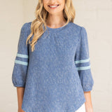 Striped Detail Half Puff Sleeve Ribbed Knit Top