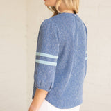 Striped Detail Half Puff Sleeve Ribbed Knit Top