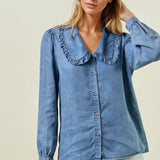 Tencel Denim Long Sleeve Button Down Shirt Blouse