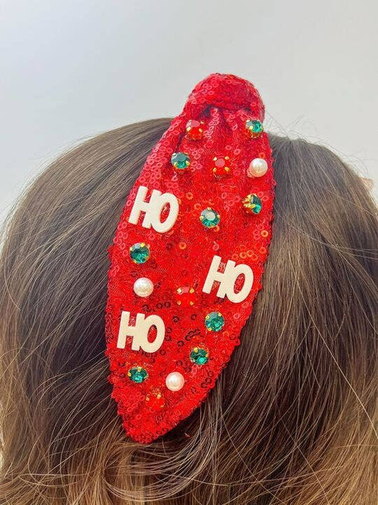 'Ho Ho Ho' Embellished Sequin Top Knot Headband - Red