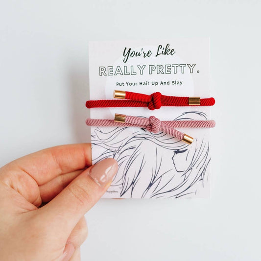 Really Pretty Double Elastic Hair Tie - Hair Accessory Card: Red & Pink