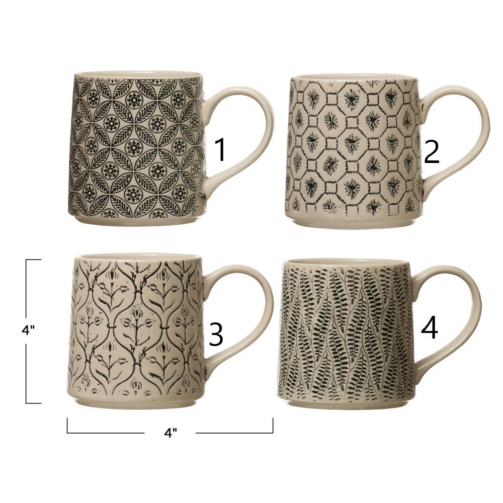 Hand-Stamped Stoneware Mug w/ Embossed Pattern, Black & Cream Color, 4 Styles