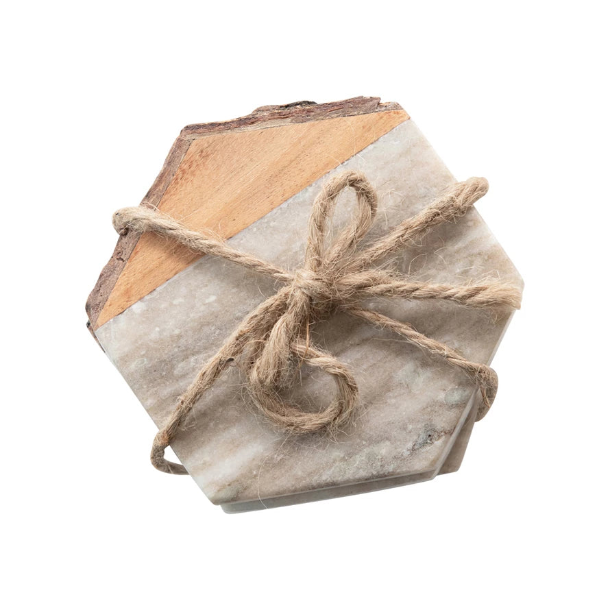 Hexagon Marble & Acacia Coasters Set of 4