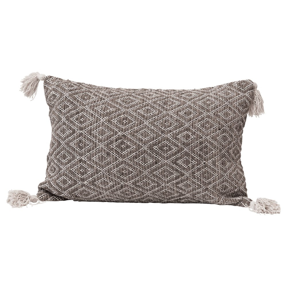 24"L x 16"H Cotton Woven Lumbar Pillow w/ Diamond Pattern & Tassels, Black, Cream & Tan Color