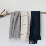 Woven Wool Blend Throw with Fringe | Blue