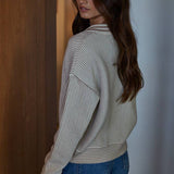 Knit Sweater Ribbed Striped Half Button-down Top