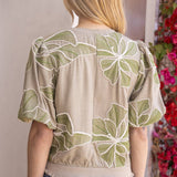 Cara Contrast Band Detailed Floral Embroidery Blouse