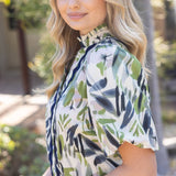 Wavy Trim Button Down Print Top