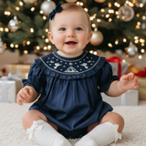 Blue Nativity Smocked Ruffle Romper