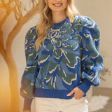 Pleated Long Puff Sleeve Floral Print Sweater Top