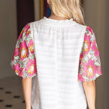 Floral Embroidered Short Bubble Sleeve Top