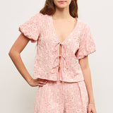 Tie Front Balloon Short Sleeve Top