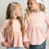 Kids Blush Pink Long Sleeve Lettuce Trim Ribbed Shirt