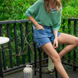 Multi Color Collared Knitted Top - Green/Blue