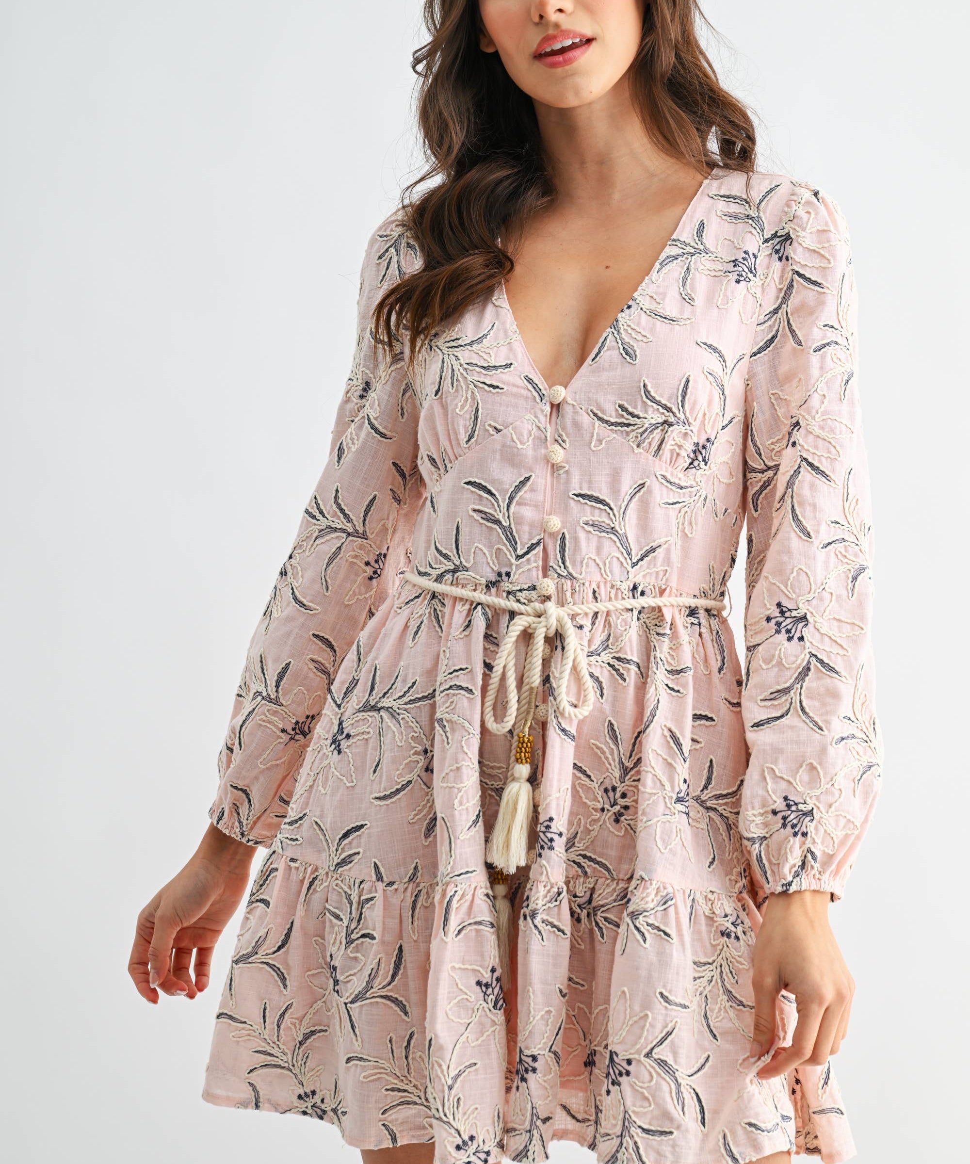 Embroidered Floral Belted Long-Sleeve Mini Dress Small Embroidered Floral Belted Long-Sleeve Mini Dress Small