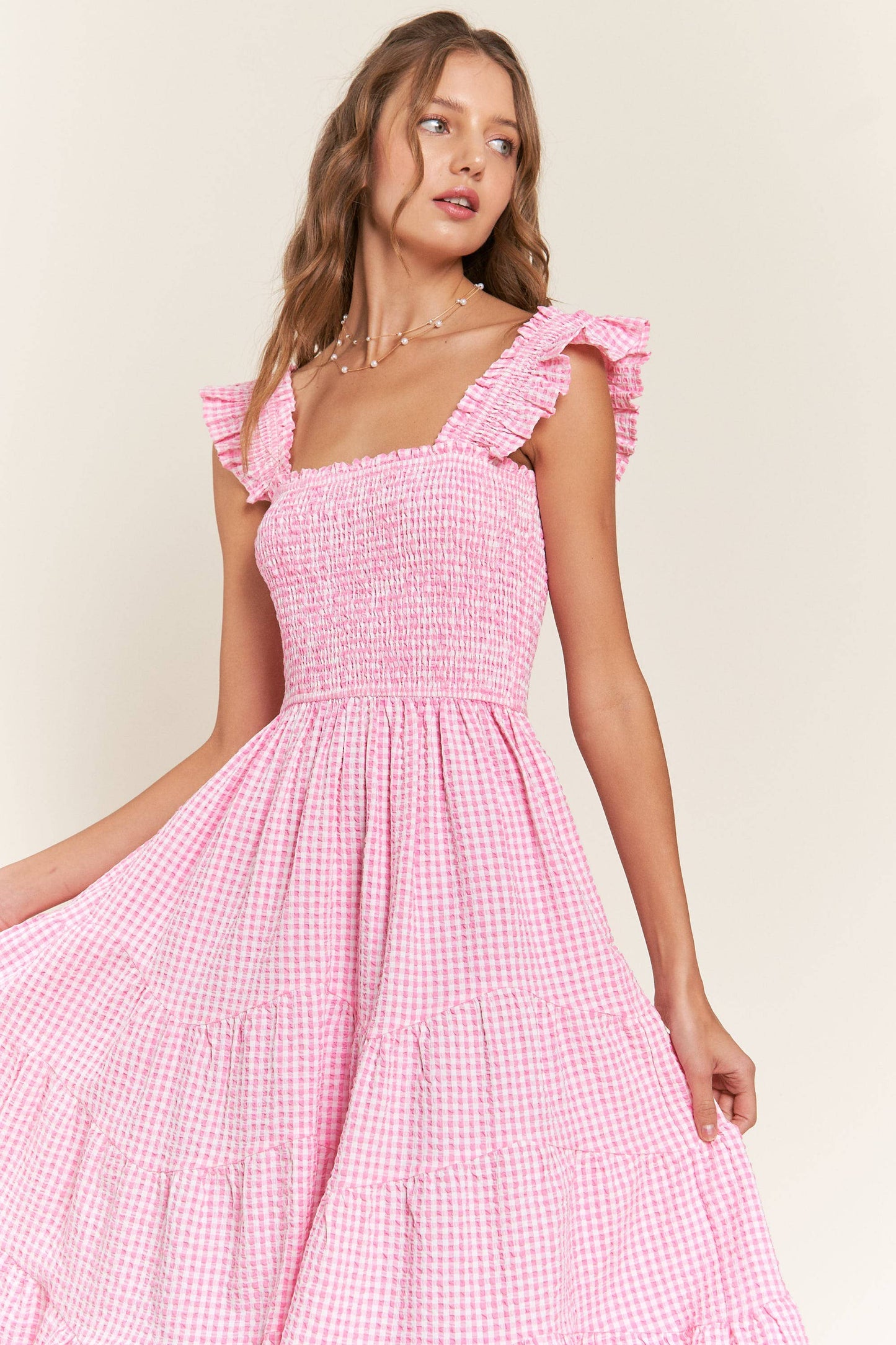 Pink Boho Checkered Midi Dress | Pink