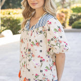 Floral And Stripe Mixed Tassle Front Top: Ivory
