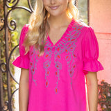 Ruffle Detailed V Neck Floral Embroidered Solid Top