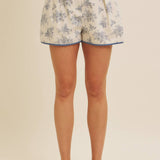 Floral Print Cotton Linen Shorts with Contrast Hem