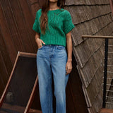 Knit Sweater Crochet Round Neck Short Sleeve Top