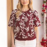 Faye Floral Embroidered Short Bubble Sleeve Blouse
