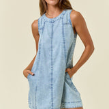 Chambray Round Neckline Sleeveless A-Line Mini Dress