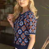 Short Puff Sleeve Floral Abstract Knit Top