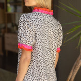 Zelly Double Contrast Ruffle Detailed Animal Printed Knit Blouse