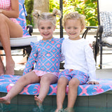 Girls Tropical Trellis Flutter Long Sleeve Rash Guard Skirted 2-Piece Swimsuit: Blue
