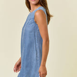 Chambray Round Neckline Sleeveless A-Line Mini Dress