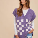 Checkerboard Loose Fit Sweater Cardigan Vest
