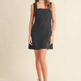 Linen Square Neck Pattern Mini Dress | Black