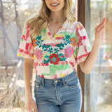 Ralley Ruffled V Neck Floral Embroidery Top